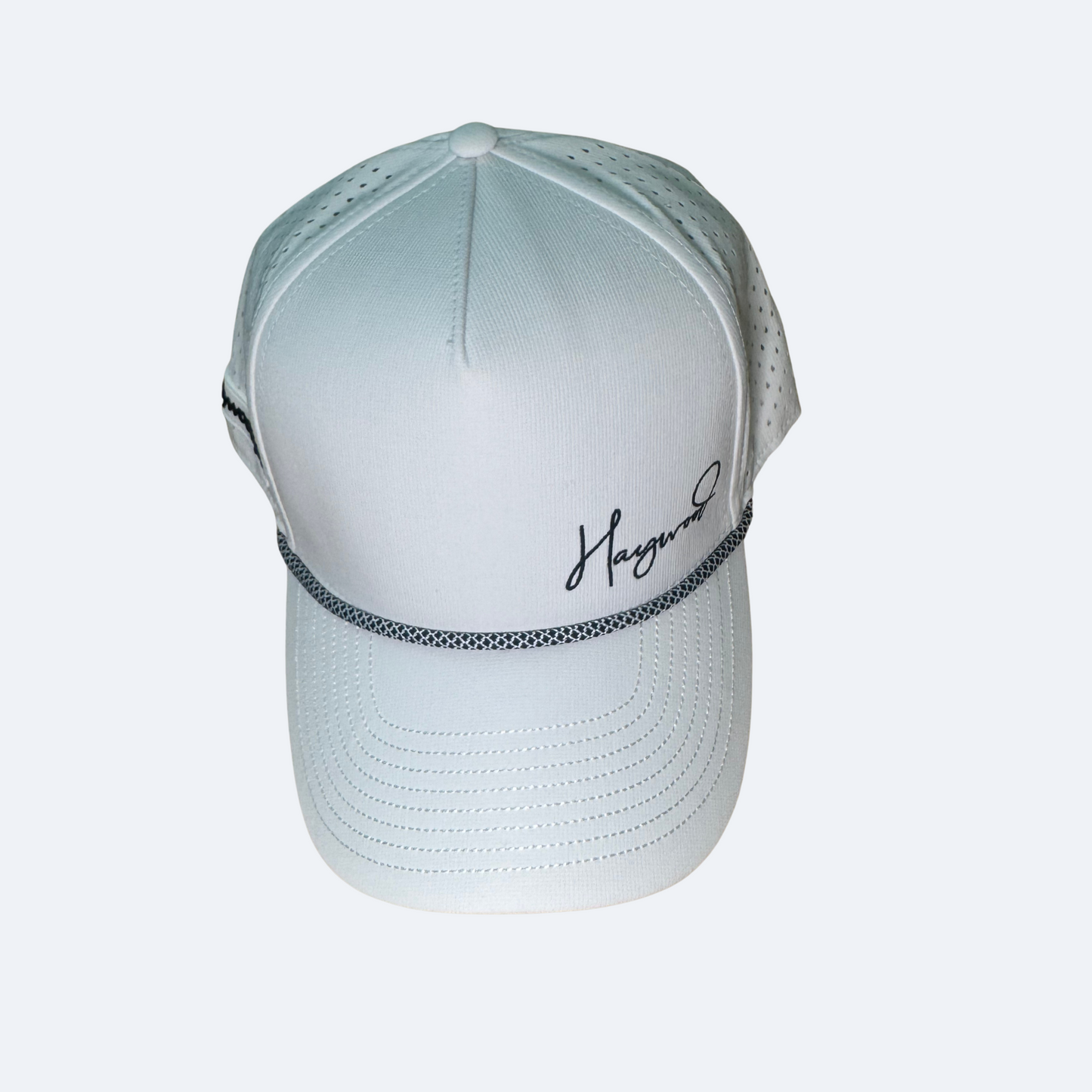 White baseball cap with black text on a white background