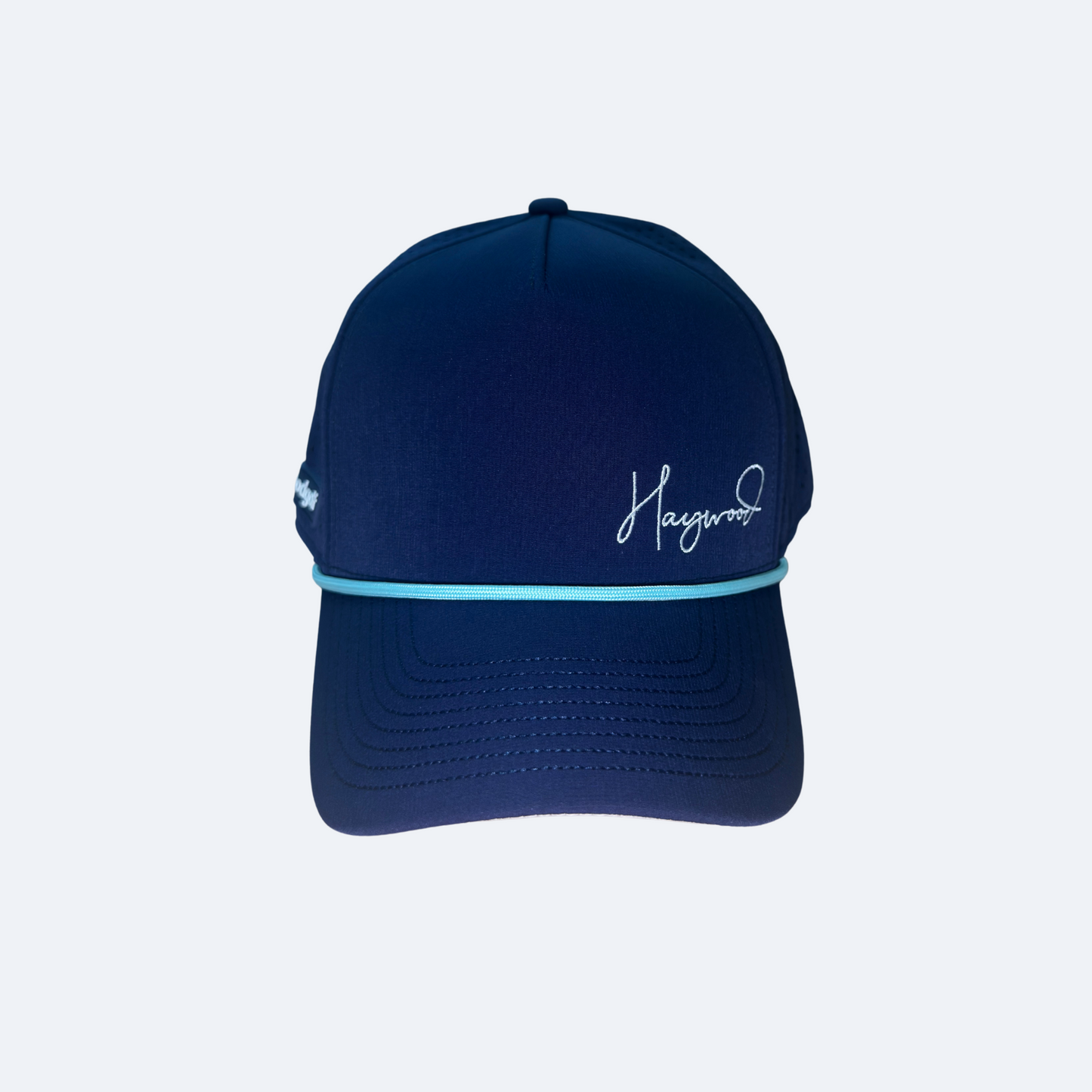 Navy blue cap with a light blue band and white logo on a light gray background